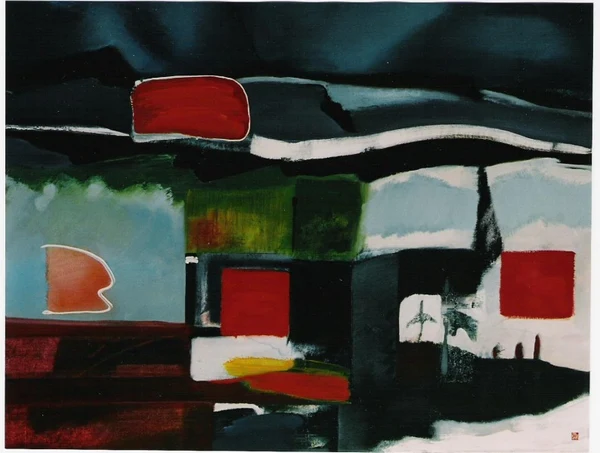 Landschap met rode vierkanten, 2001, 120x100